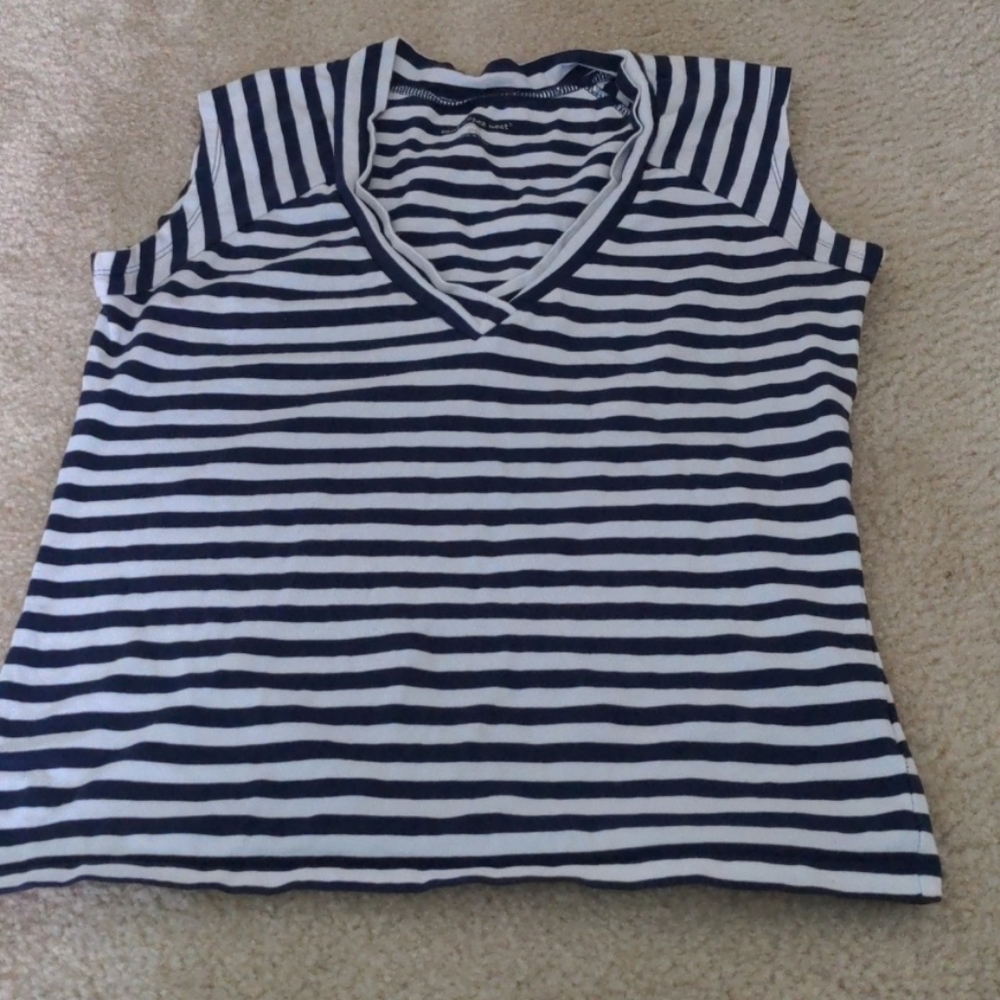 Sleeveless blue and white shirt